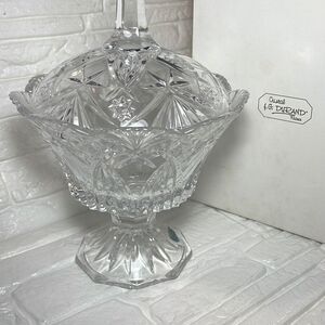 Brilliant JG Durand France Cristal Fan & Hobstar Lidded Pedestal Candy Bowl 7.5"
